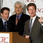 L-R) U.S. Treasury Secretary Timothy Geithner, National Community Reinvestment Coalition President and CEO John Taylor and Housing and Urban Development Secretary Shaun Donovan