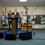 Showing great progress Obama addresses a sixth grade class with only two pompters